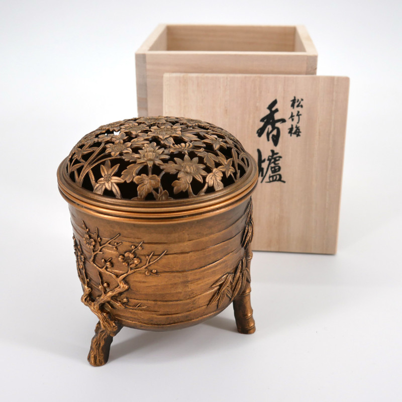 japanese copper brass incense burner plum and bamboo Ø9,2xH10,5cm MATSU TAKAOKA