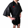 hanten kimono traditionnel japonais noir en coton shantung kanji samuraï argent pour homme