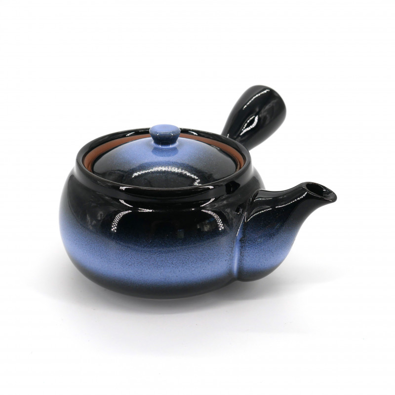 tetera azul kyusu japonesa en tierra tokoname cepillo AOHAKE