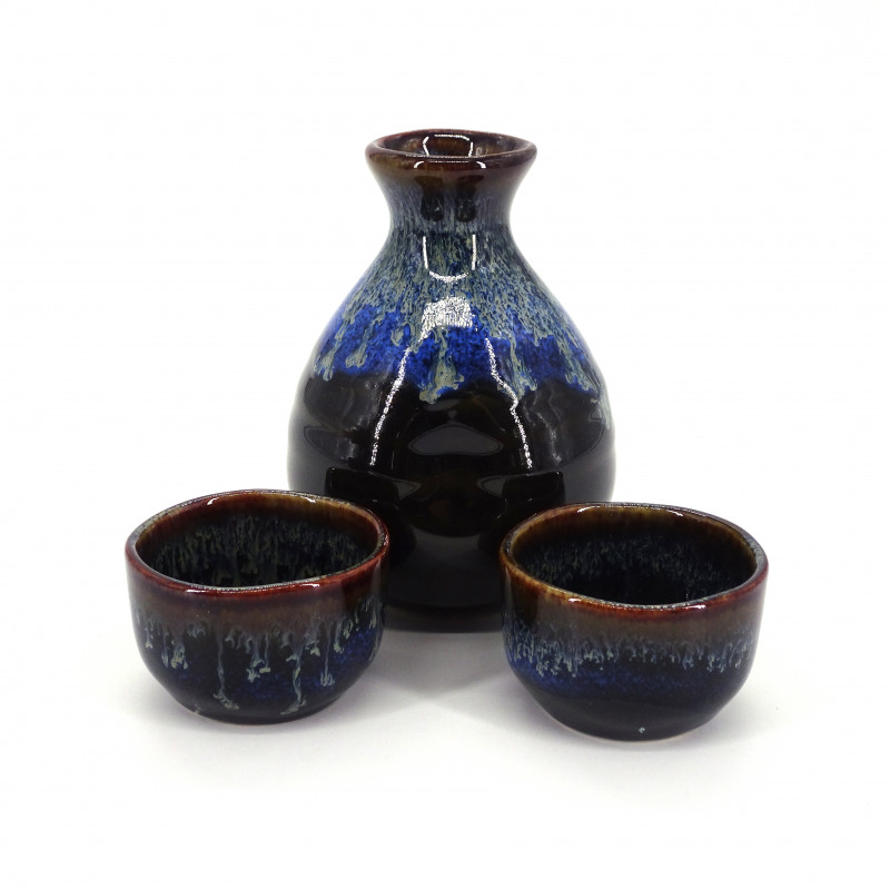 service japonais à saké 2 verres et 1 bouteille, KUROBURU, bleu
