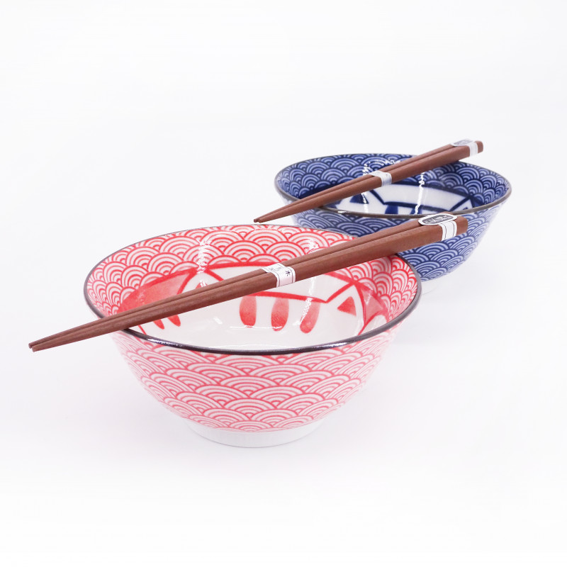 set da 2 ciotole giapponesi di ceramica per ramen MANEKINEKO rosso e blu