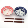 Set de 2 bols ramen japonais en céramique avec baguettes MANEKINEKO rouge et bleu