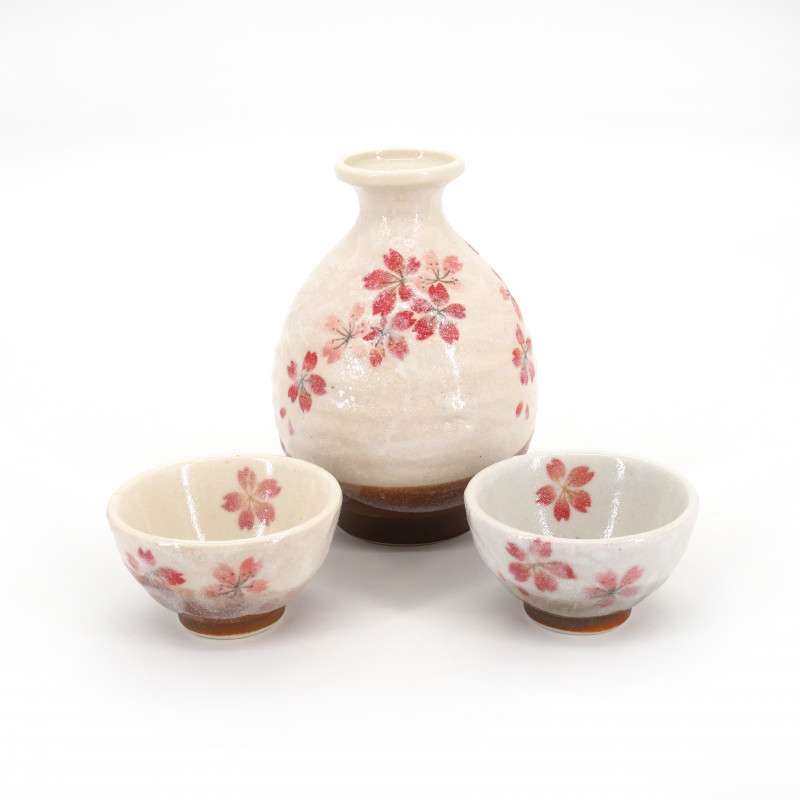 sake service 1 bottle and 2 cups, SAKURAZAKE, white and pink flowers