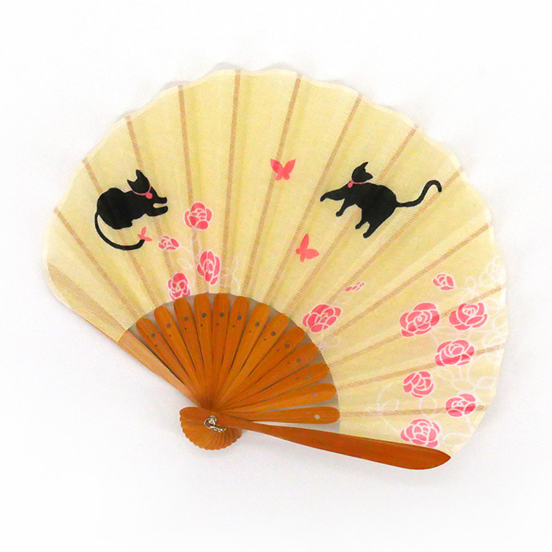 small Japanese fan 21cm in cotton, NEKO, yellow cats