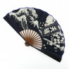 Dark blue Japanese fan 25.5cm for men in cotton, APPARE, fuji sakura wave