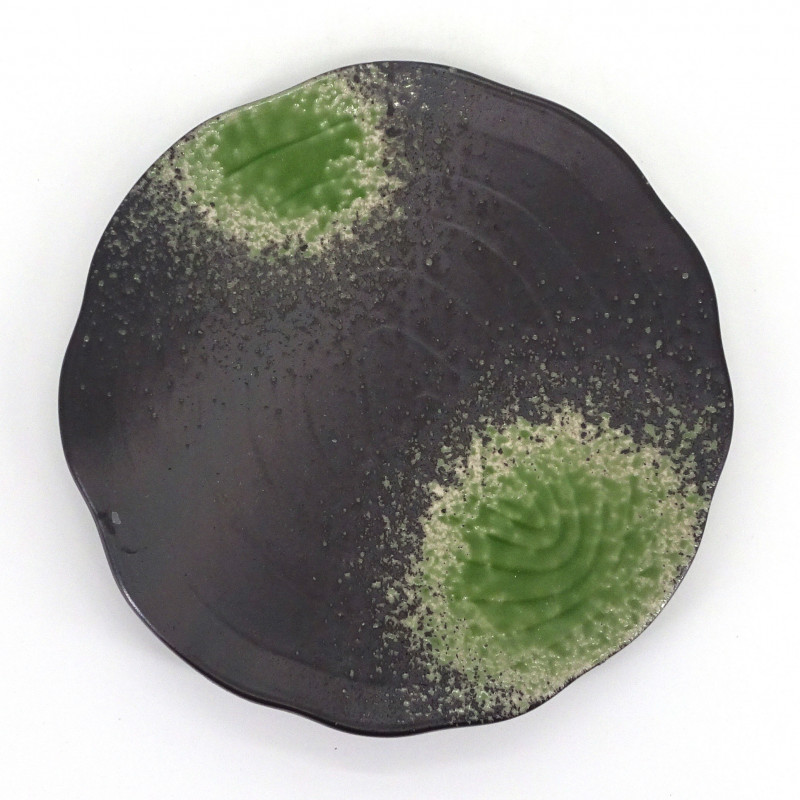 Japanese round plate with bowl, ISOBE, black and green