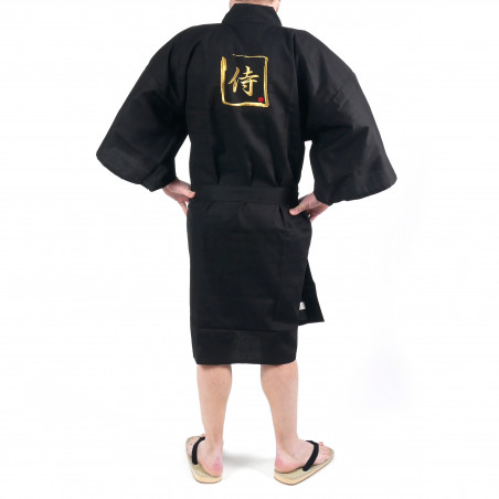 Happi kimono noir kanji or samuraï coton shantung japonais pour homme