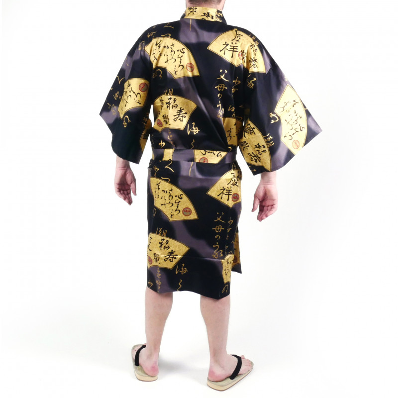 happi kimono giapponese in cotone, nero, SENSU, fan d'oro
