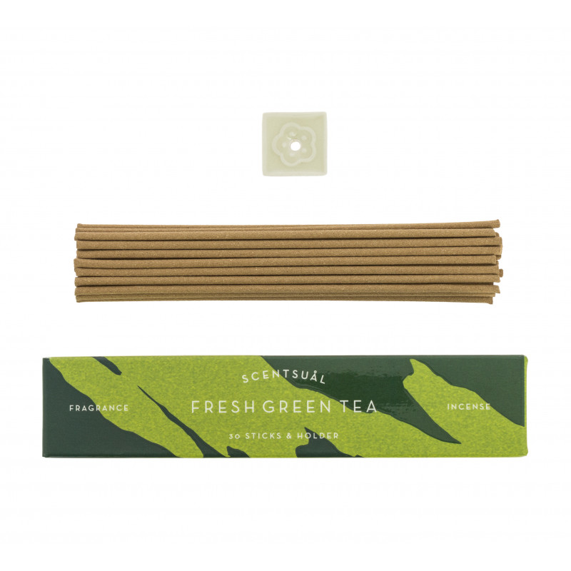 Confezione da 30 bastoncini di incenso con supporto per incenso, TÈ VERDE FRESCO SCENTUALE, Tè verde