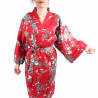 Japanese traditional red cotton sateen happi coat kimono peony and cherry blossom for ladies