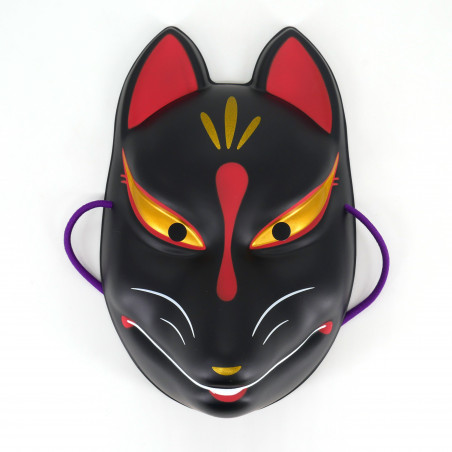 Masque de renard japonais traditionnel, KITSUNE, noir et yeux dorés