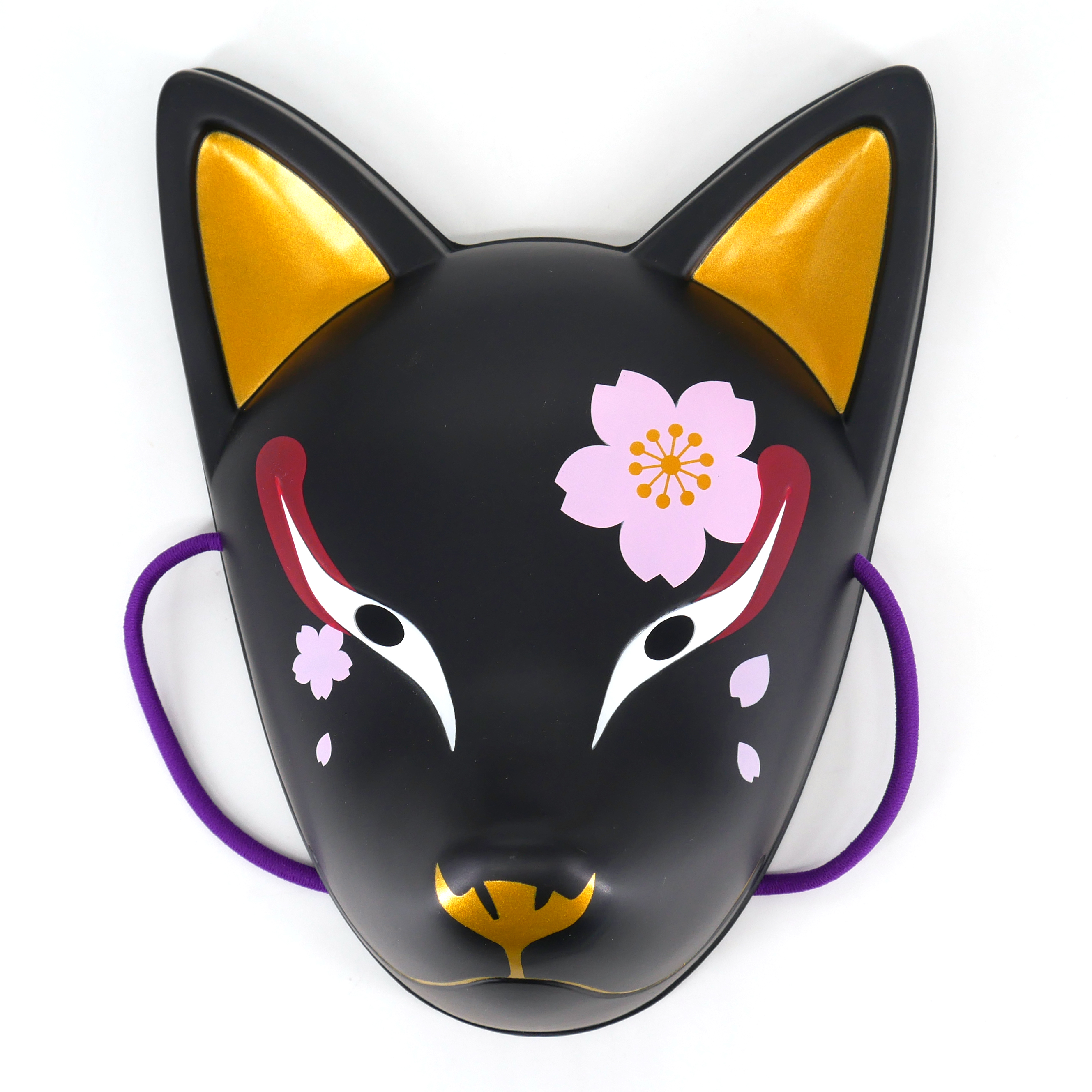Maschera tradizionale volpe giapponese, KITSUNE, fiore nero e sakura