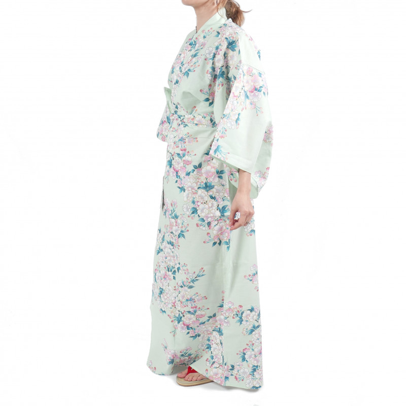 Japonés tradicional turquesa algodón yukata kimono blanco flores de cerezo para mujeres