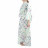 Kimono yukata di cotone turchese tradizionale giapponese con fiori di ciliegio bianco per donna