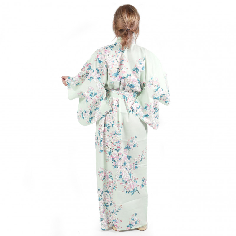 Japonés tradicional turquesa algodón yukata kimono blanco flores de cerezo para mujeres