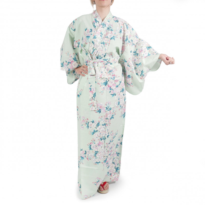 Kimono yukata di cotone turchese tradizionale giapponese con fiori di ciliegio bianco per donna