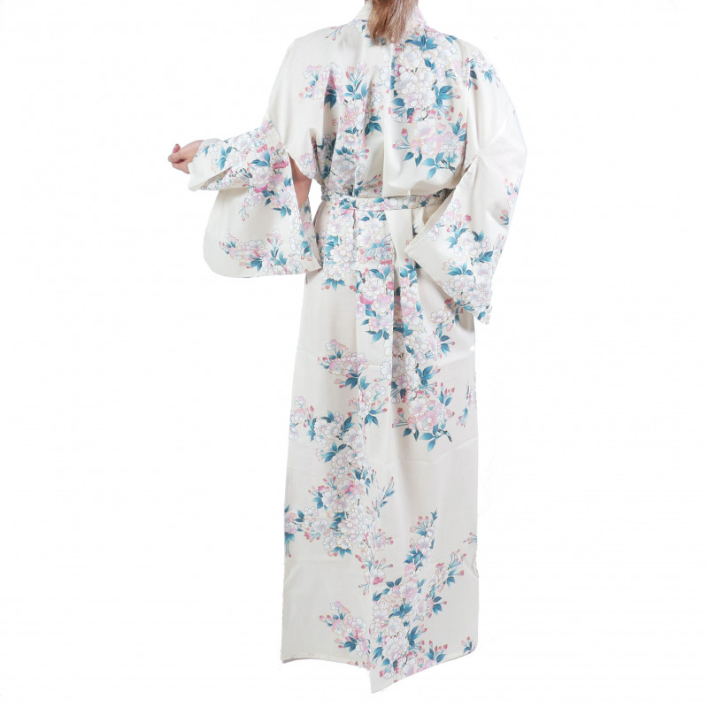 Kimono yukata di cotone bianco tradizionale giapponese fiori di ciliegio bianchi per donna
