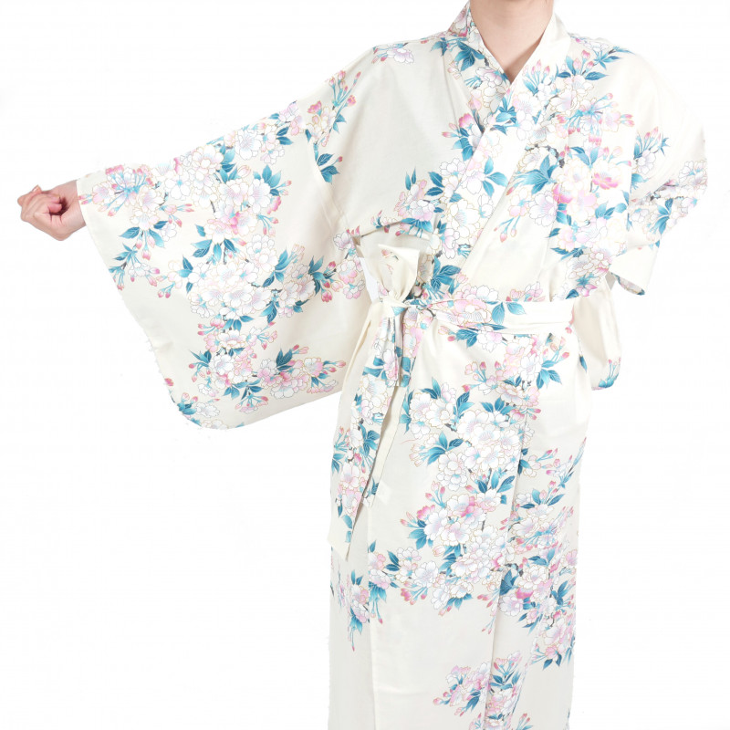 Kimono yukata di cotone bianco tradizionale giapponese fiori di ciliegio bianchi per donna