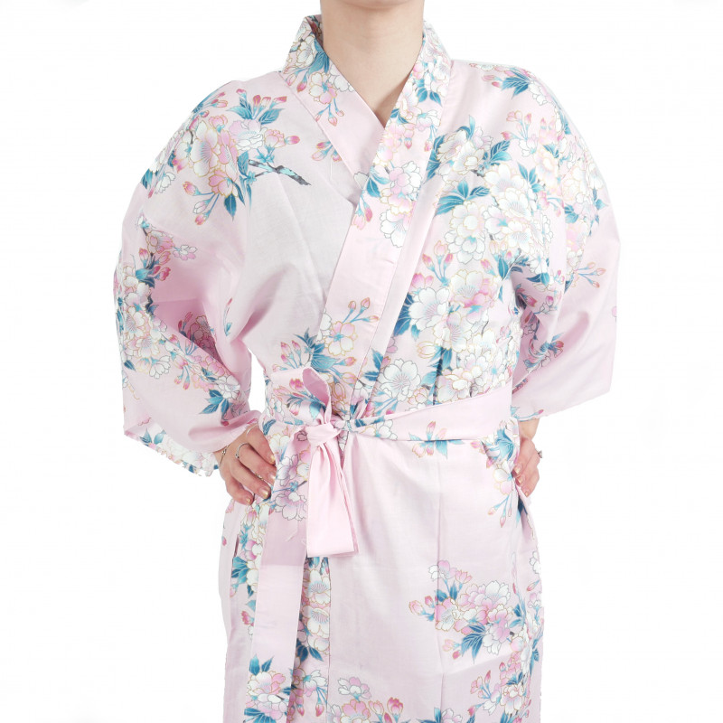 Happi Kimono tradizionale giapponese in cotone rosa con fiori di ciliegio bianchi per donna