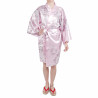 hanten kimono traditionnel japonais rose en satin poésies et fleurs pour femme