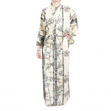 Japanischer traditioneller weißer Baumwoll-Yukata-Kimono-Bambus und Spatz für Frauen