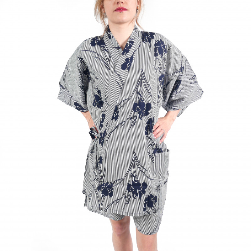 Japanese traditional gray blue cotton jinbei kimono stripes and iris flowers for women