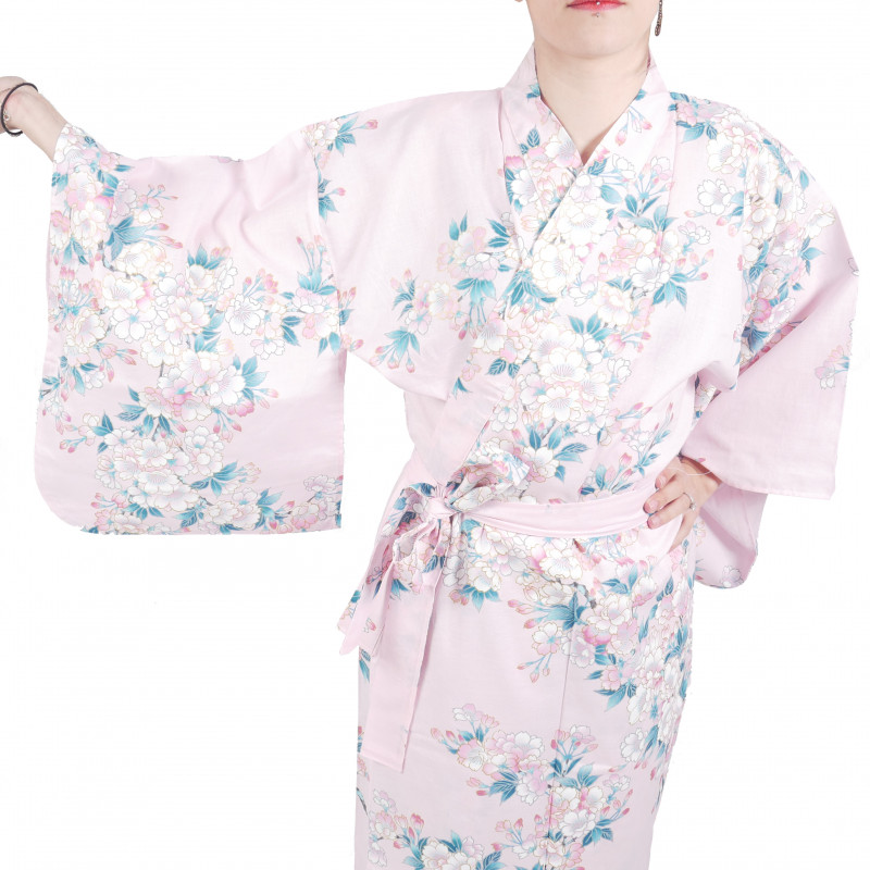 Japanische traditionelle rosa Baumwolle Yukata Kimono weiße Kirschblüten für Frauen