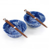 Japanese 2 ramen bowls set in ceramic with chopsticks MANEKINEKO red and blue