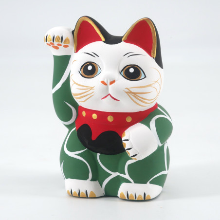 Japanische Manekineko-Glückskatze, MIDORI KARAKUSA, Grün und Arabesken