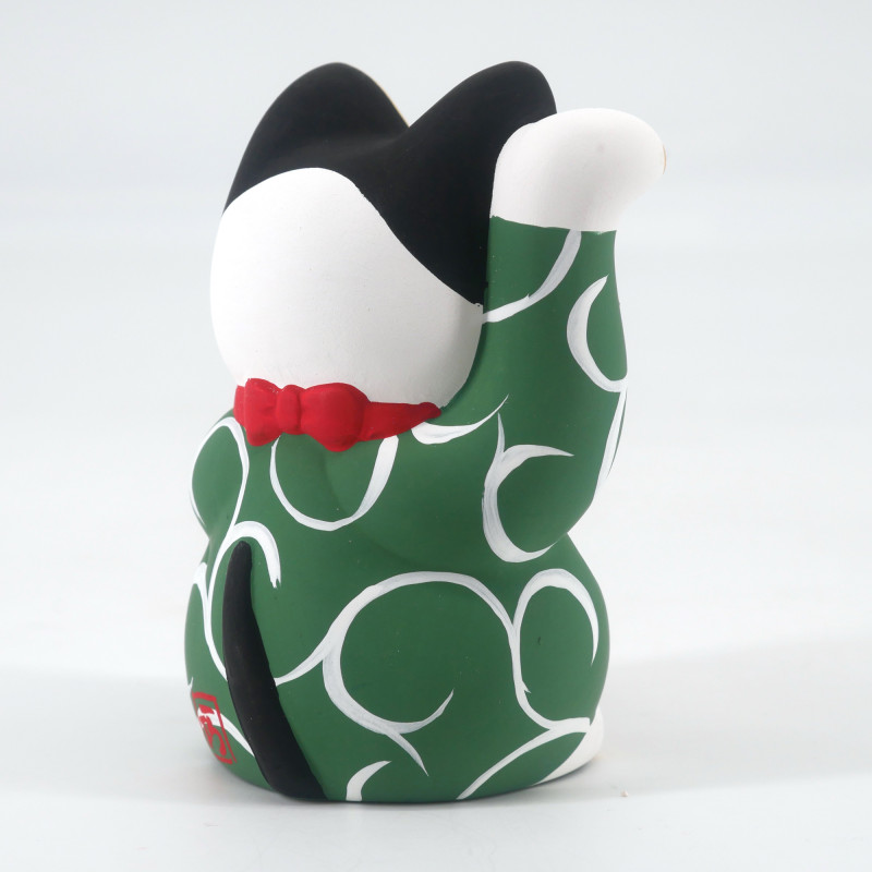 Gato de la suerte japonés manekineko, MIDORI KARAKUSA, verde y arabescos