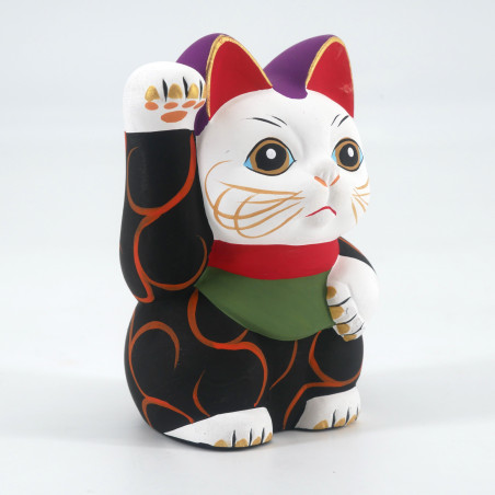 Japanische Manekineko Glückskatze, KURO KARAKUSA, schwarz und Arabesken