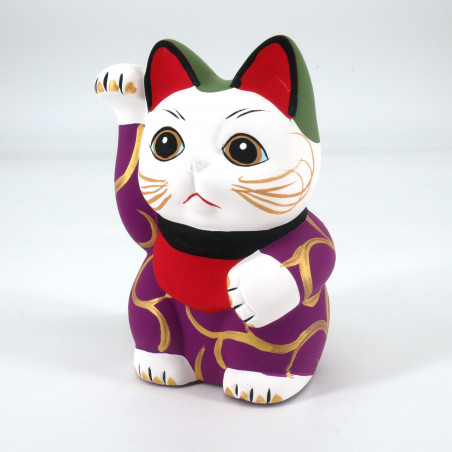 Gatto fortunato manekineko giapponese, MURASAKINO KARAKUSA, viola e arabeschi