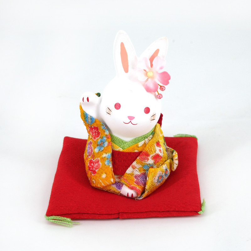 Ornement lapin blanc en céramique, HANAUSAGI, kimono jaune