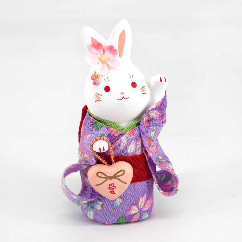 White ceramic rabbit ornament, HANAUSAGI AI, purple kimono