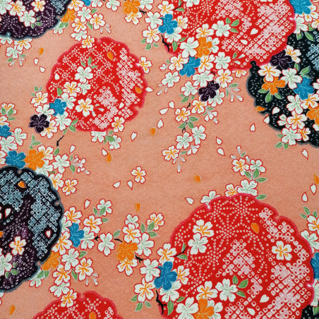 Japanese pink polyester chirimen fabric with cherry blossom motif, SAKURA, made in Japan width 112 cm x 1m