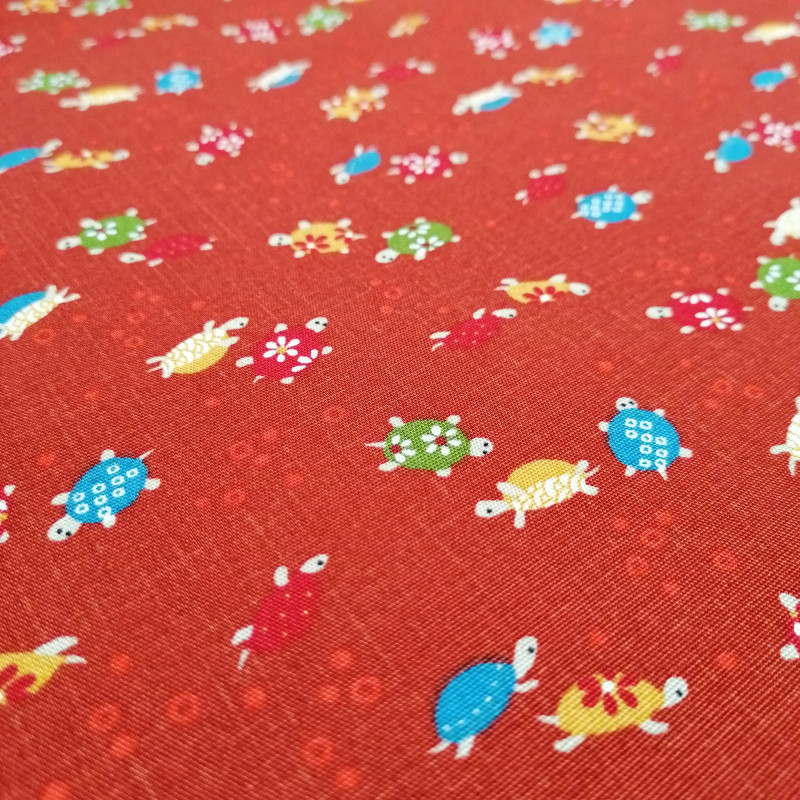 Tissu rouge japonais en coton motif tortue, KAME, fabriqué au Japon largeur 112 cm x 1m