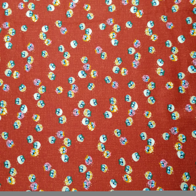 Tessuto giapponese in cotone rosso con motivo gufo, FUKURO, realizzato in Giappone larghezza 112 cm x 1m