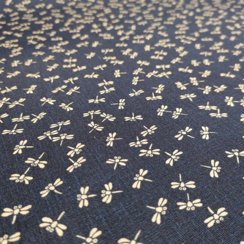 Tissu bleu japonais en coton motif libellule, TOMBO, fabriqué au Japon largeur 112 cm x 1m