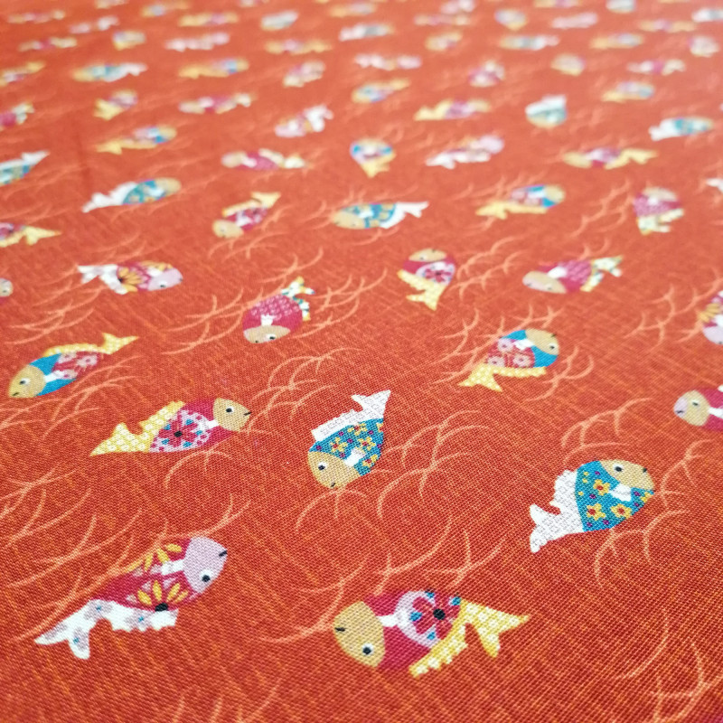 Japanese red cotton fabric with fish motif, KINGYO, made in Japan width 112 cm x 1m