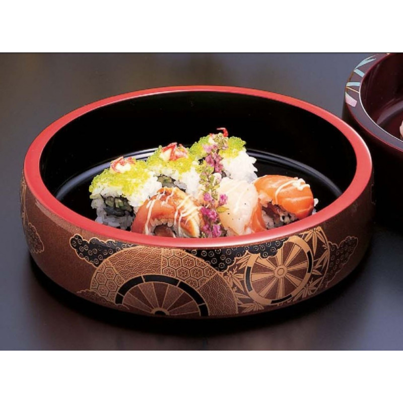 bandeja redonda de resina negra para sushi, GOSHOGURUMA, rueda