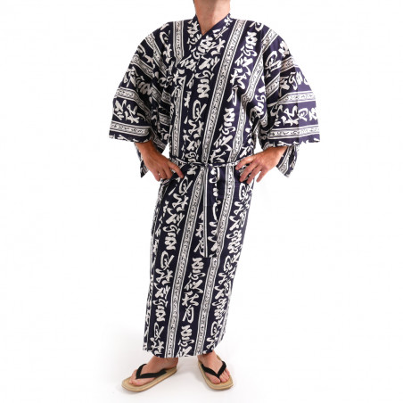 kimono yukata traditionnel japonais bleu en coton kanji lune d'automne pour homme