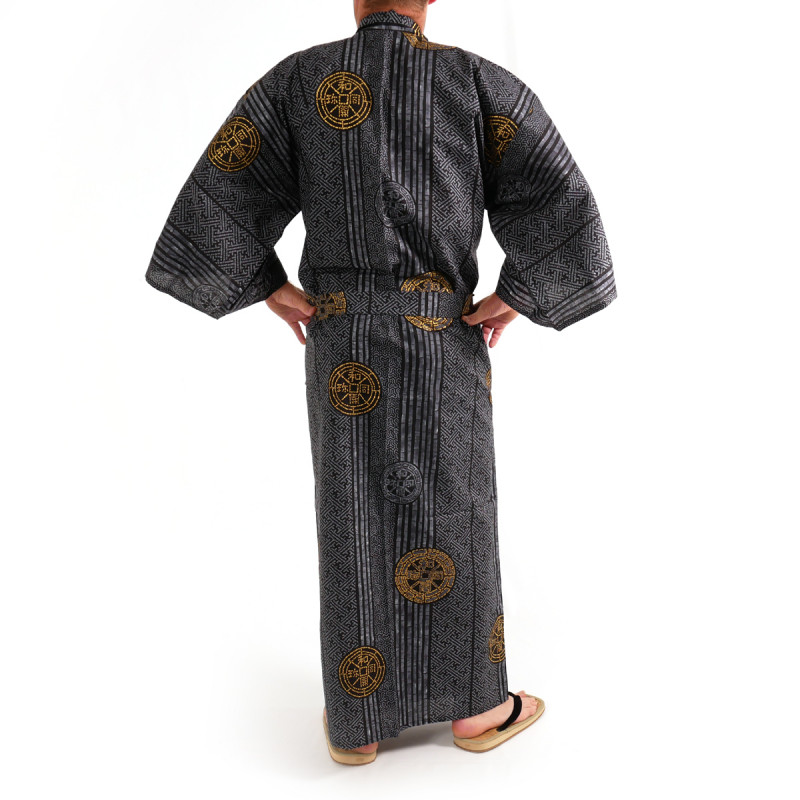 yukata kimono giapponese nero in cotone, KOIN, vecchi pezzi