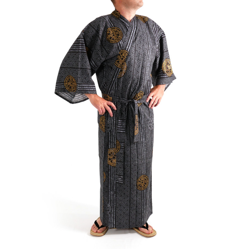 yukata kimono giapponese nero in cotone, KOIN, vecchi pezzi