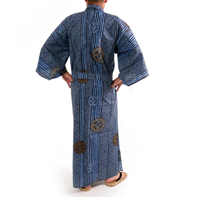kimono yukata traditionnel japonais bleu en coton pièces anciennes pour homme