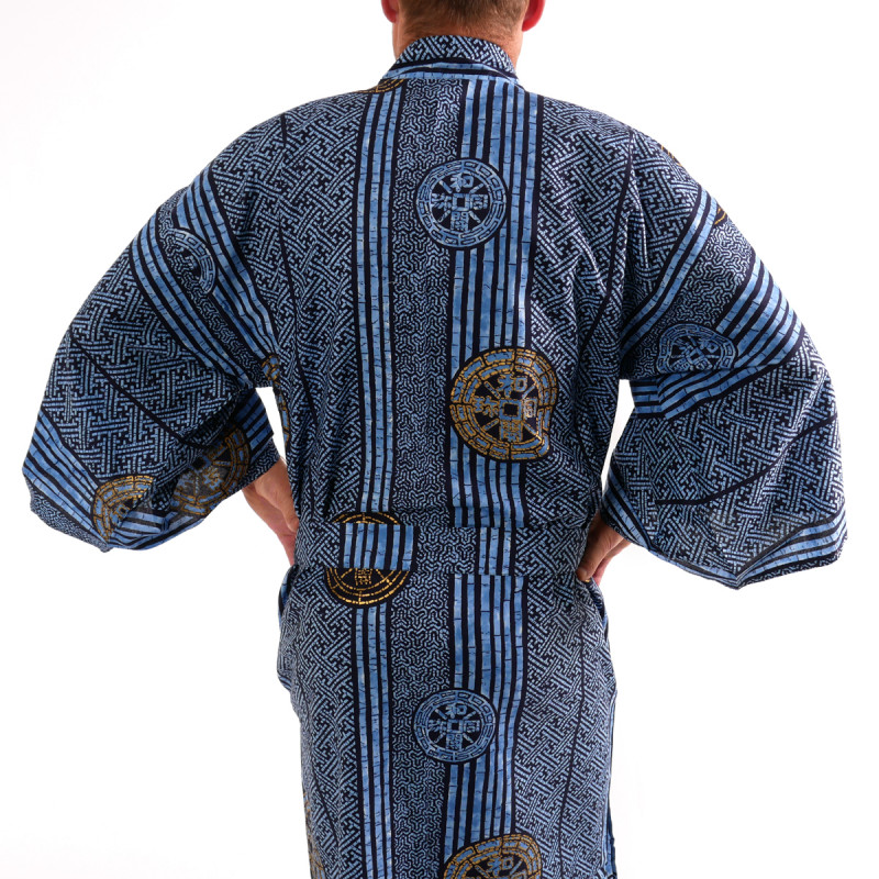 kimono yukata traditionnel japonais bleu en coton pièces anciennes pour homme