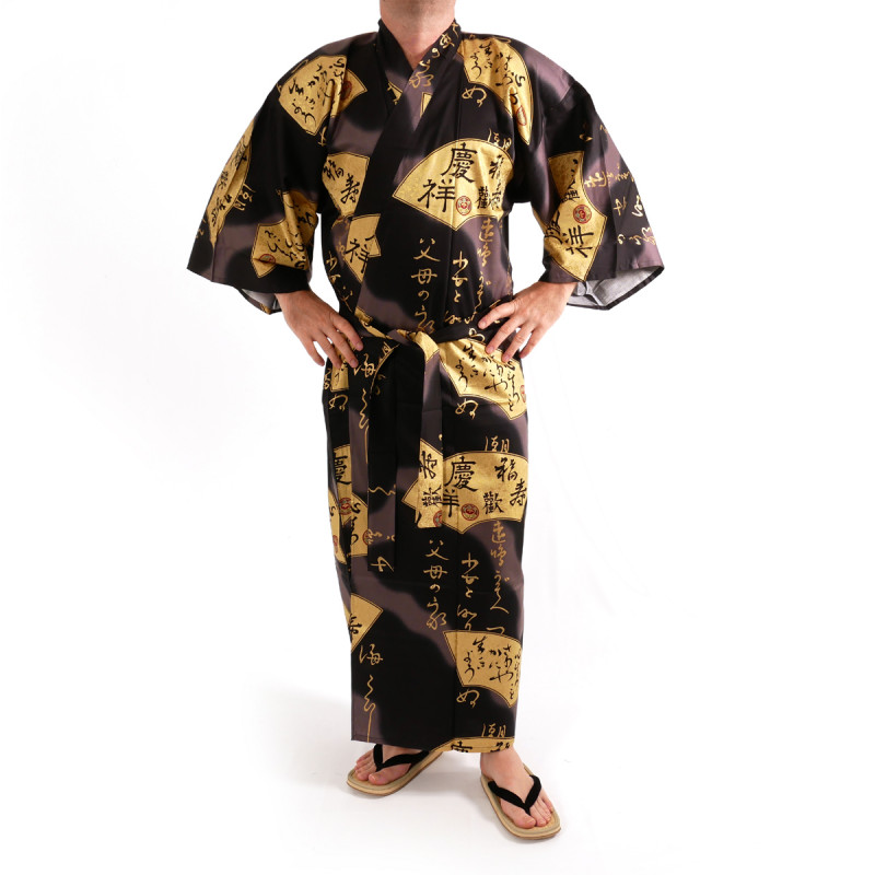 japanischer herren schwarzer kimono, SENSU, Goldfans