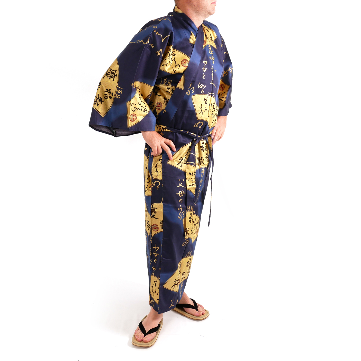 Kimono azul japonés hombre, SENSU, de oro
