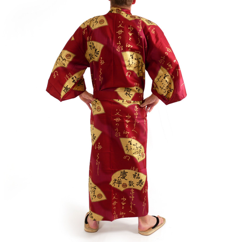 Kimono rosso giapponese per uomini, SENSU, fan d'oro