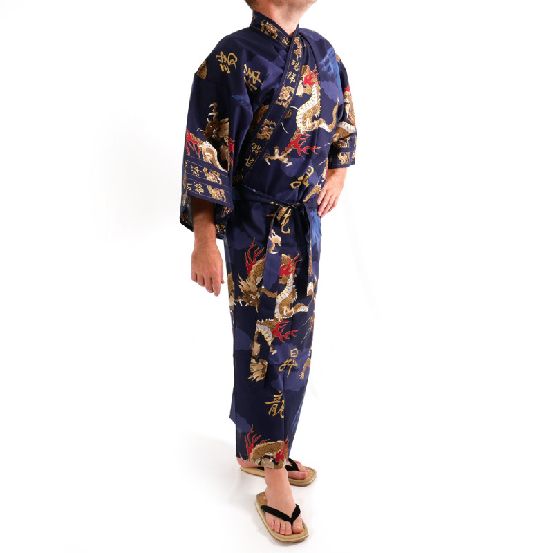 Japanese traditional blue navy cotton yukata kimono dragon and mont fuji for men