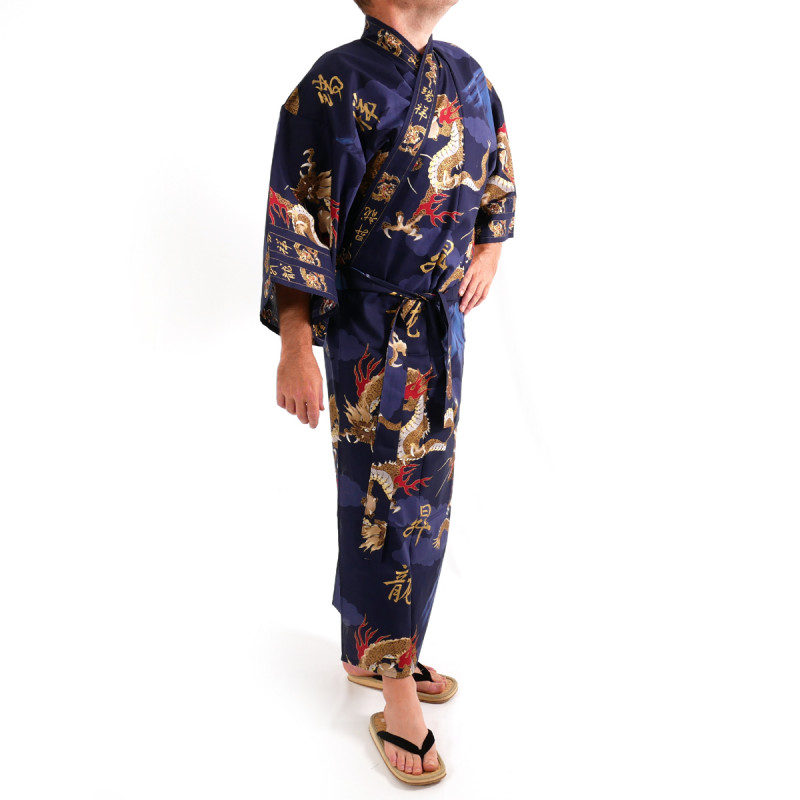 japanischer Herren yukata Kimono - blau, FUJIRYÛ, Drachen und Mount Fuji